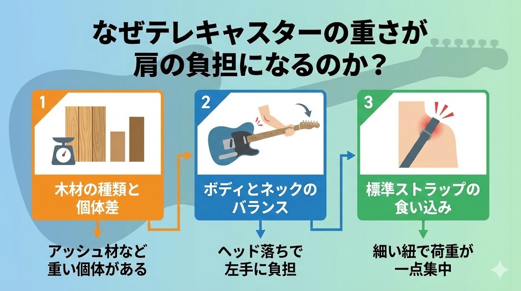 なぜテレキャスターの重さが肩の負担になってしまうのか